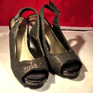 Fioni Night Black Slingback Heels Glitter Sparkles Peep Toe Women's size US 8
